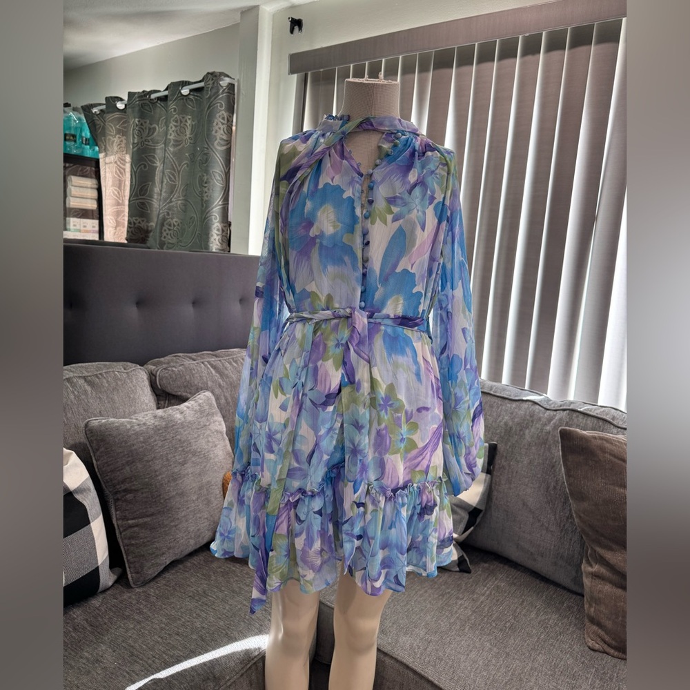 Floral Ruffle Tie-Waist Dress in Blue and Lavender Boho